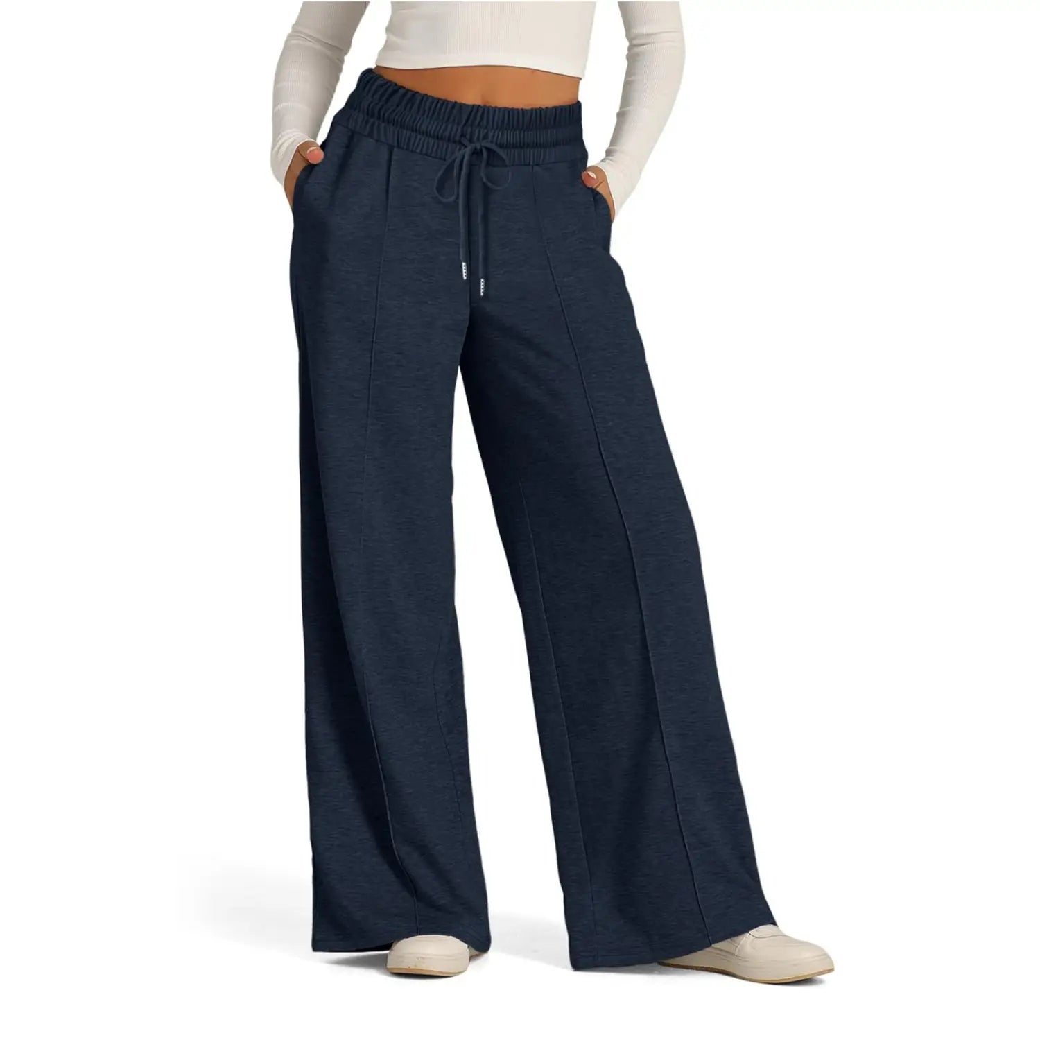 Navy blue wide leg fleece lined sweatpants with an elastic waistband and drawstring featuring a relaxed fit and subtle pleats down the front in a solid pattern type.