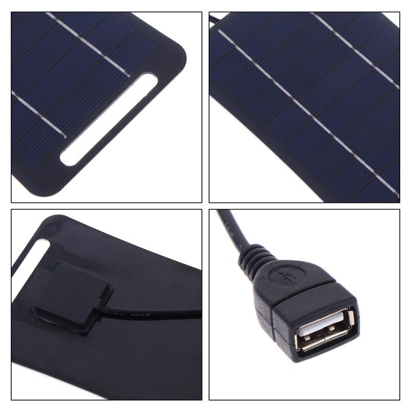 panel de carga con panel solar portátil rectangular negro con puerto USB-A y cable integrado para mantenerse conectado mientras se está en movimiento