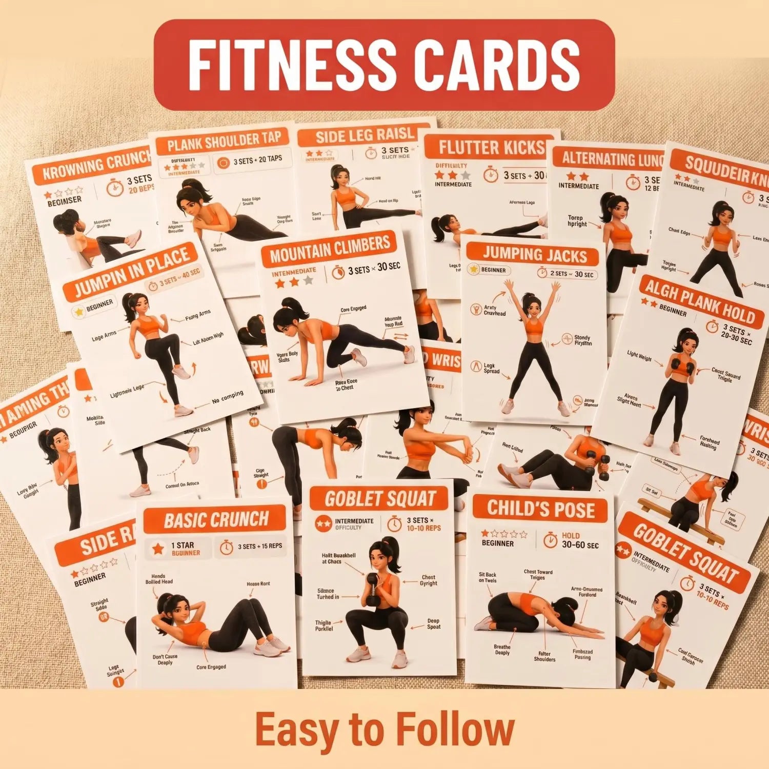 A set of home workout exercise cards fitness guide printed on white cardstock with orange headers featuring illustrated workout routines with difficulty levels and instructions.