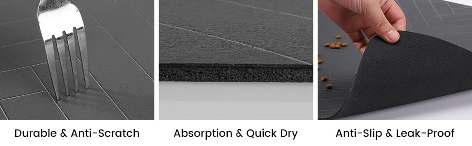 Black absorbent food mat with waterproof rubber backing, textured surface, and reinforced edges designed for pet’s eating area.