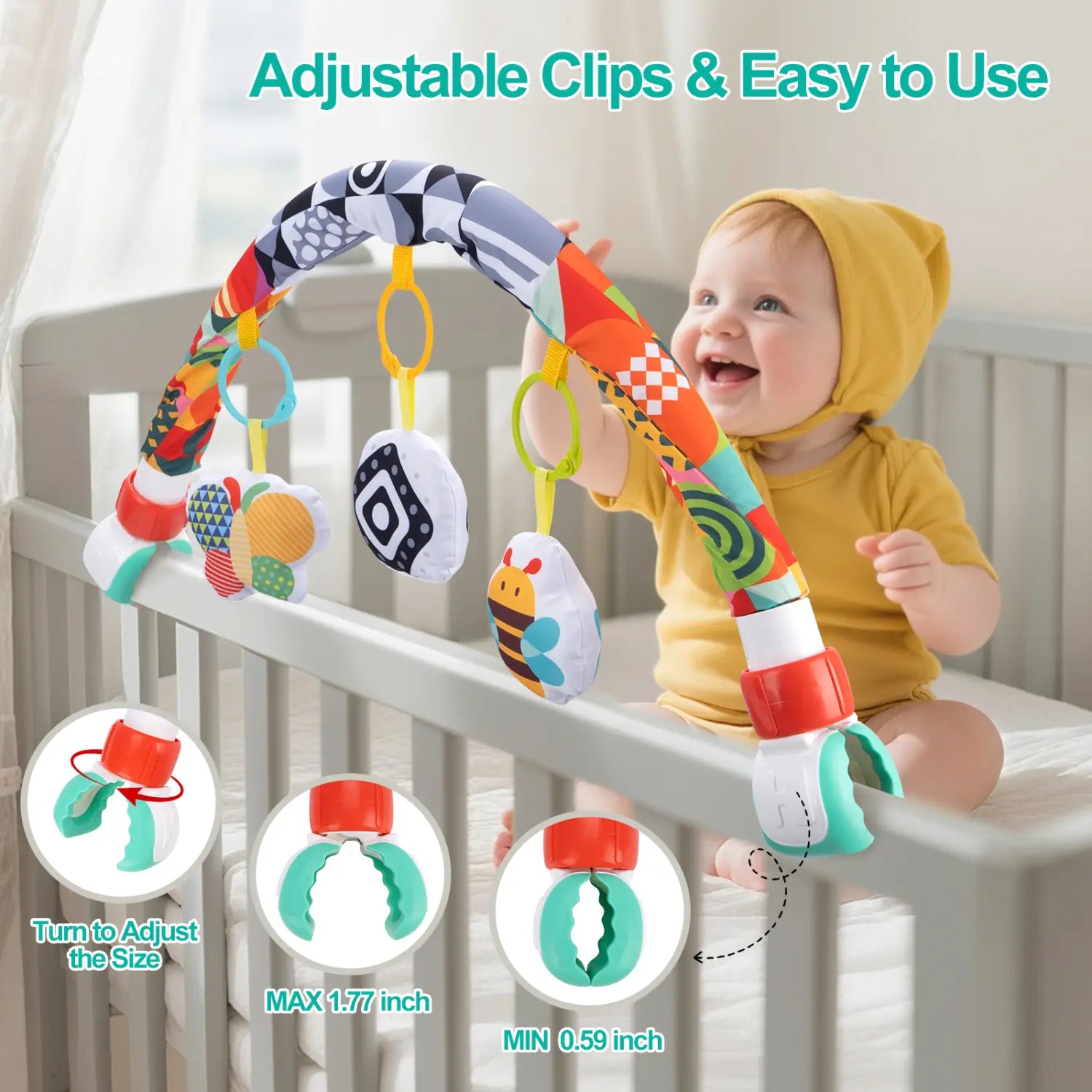 buntes verstellbares Fahrwagenbogen-Spielzeug für sensorische Aktivitäten für Babys mit weichem Stoffbogen und hängenden Plüschspielzeugen.
