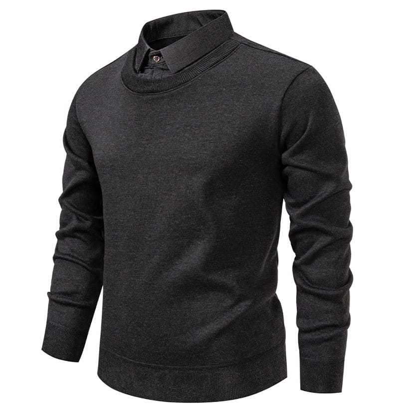 Dunkelgrauer strukturierter Herren-Pullover mit Stehkragen und Strickjersey-Polo-Optik mit Kragen in Hemdoptik und gerippten Bündchen.