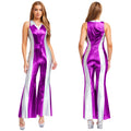 Womens Metallic Shiny 70s Disco Hippie Costume Clubwear Party Overalls Bell Bottom Jumpsuit V Neck Flared Long Pants Rompers