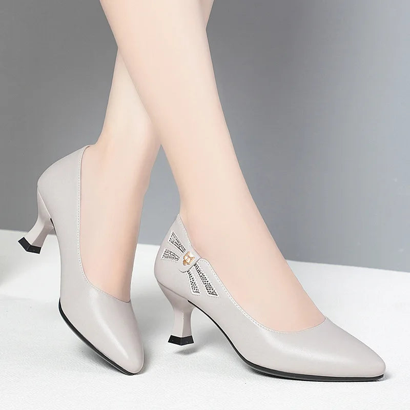 Genuine Leather Women's Shoes 2023 Spring New Single Leather Shoes Work Shoes Mid-high Heel All-match Ladies Women's Shoes