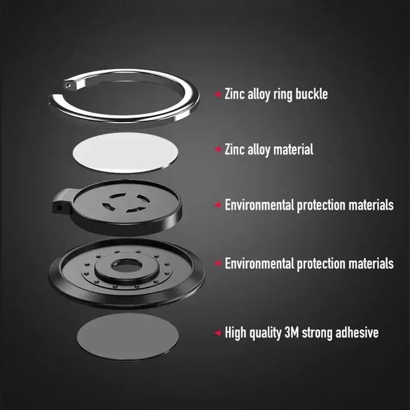 Silver zinc alloy finger ring with polished finish and layered construction for magnetic phone holder stand