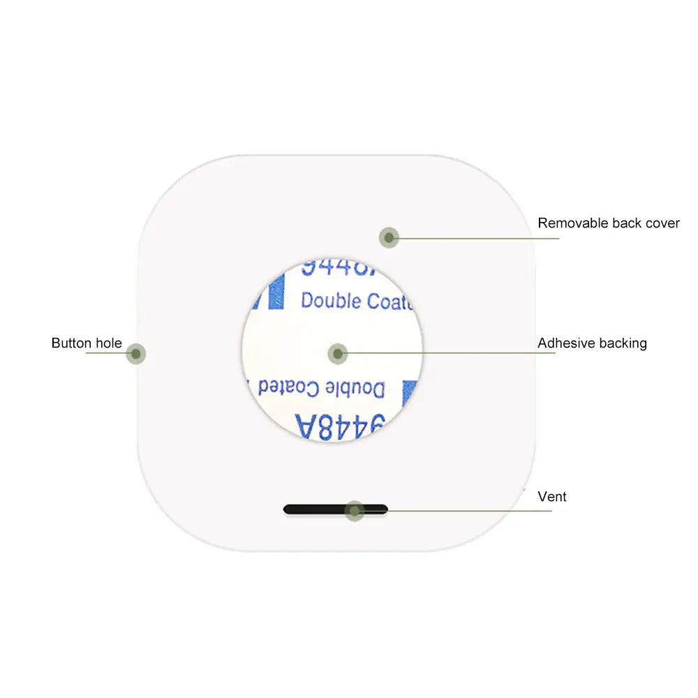 white square-shaped adhesive bandage with circular double-coated adhesive backing and removable back cover for secure attachment of digital thermometer with a precise measurement range
