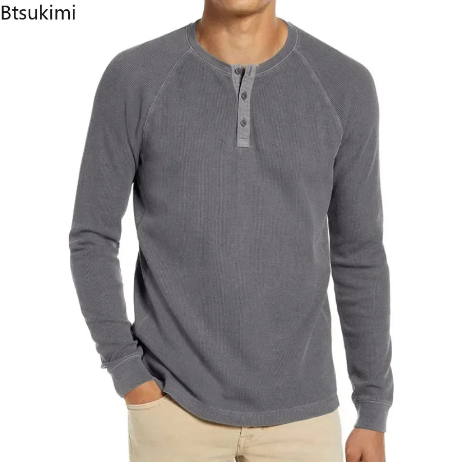 2026 Men's Long Sleeve Waffle T-shirts Fashion O-neck Bottoming Shirts Male Solid Button Casual Tops Soft Versatile Men's Shirts