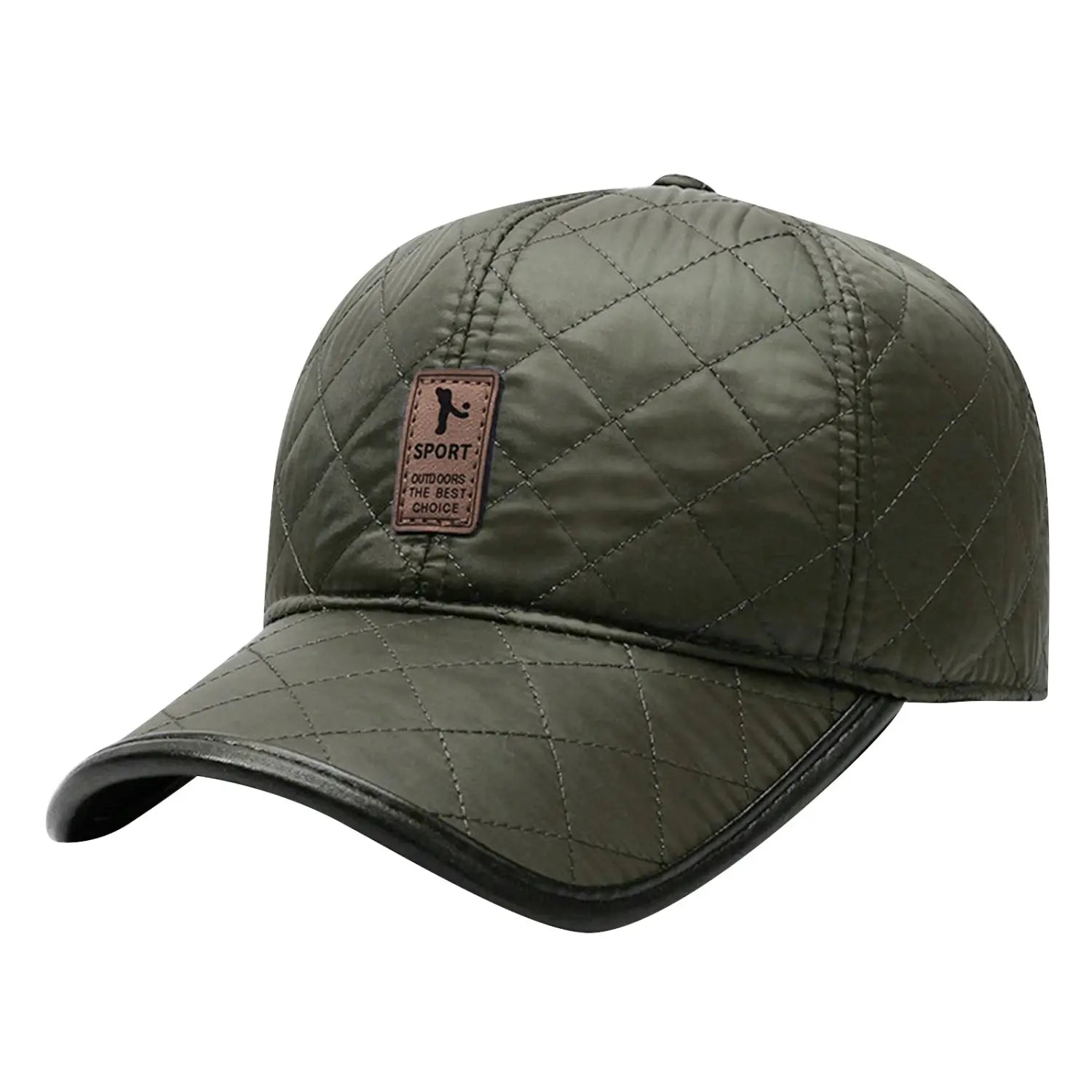 Casquette de baseball matelassée vert olive avec bordure en cuir noir et rabats d’oreilles chauds, arborant un écusson marron « sport outdoors the best choice », idéale comme bonnet de Noël.