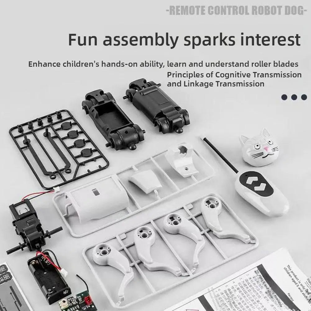 black and white plastic components of a mechanical dog diy robot toy walking electronic pet kit laid out for assembly showing parts for a robot dog