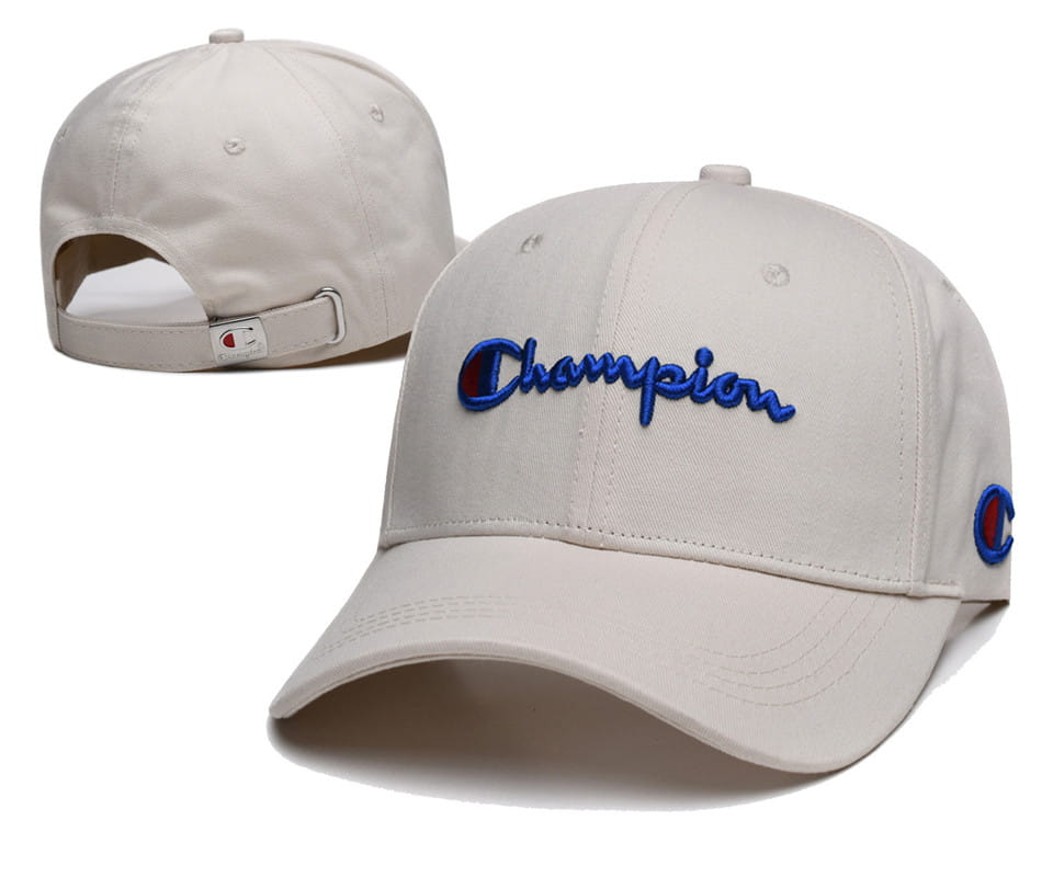 Beige Champion baseball cap featuring a blue embroidered logo and side emblem designed as a unisex summer sun hat.