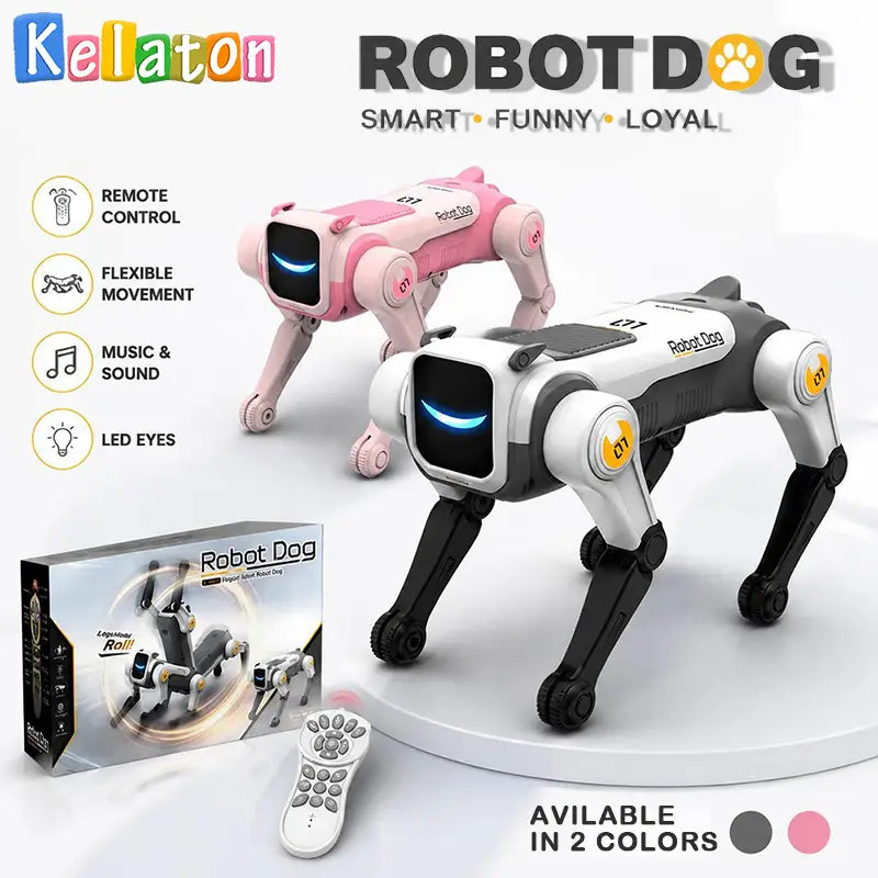 robot dog remote control toy in pink and white with led eyes and flexible movement designed for interactive play and compact product size.