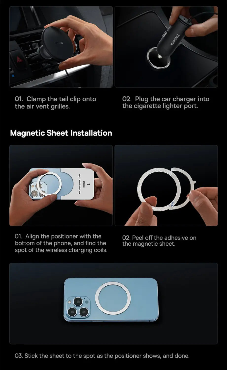 Cargador inalámbrico para coche Baseus magnético de 15 W con un diseño circular elegante, acabado metálico y una almohadilla de carga inalámbrica de estilo minimalista.