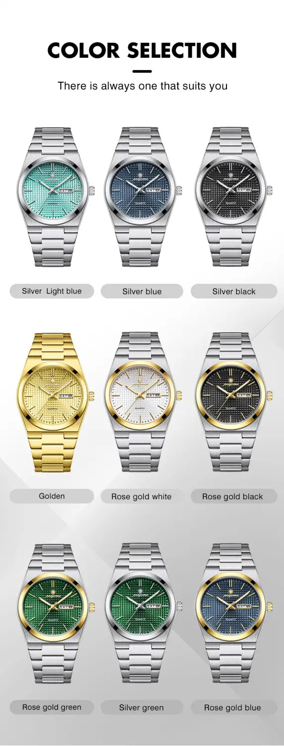 Paazomu luxury chronograph watches with silver and gold-toned stainless steel bands and dials in light blue navy black white green and rose gold.