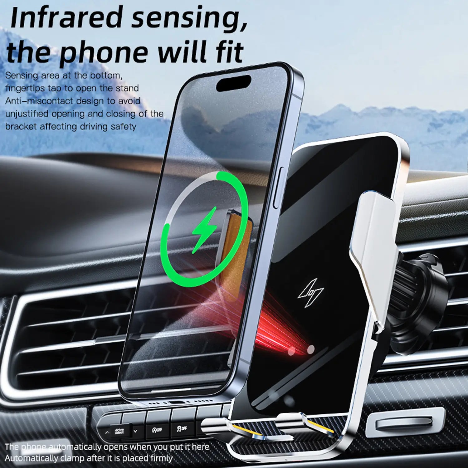 Silver and black wireless charger phone holder with auto clamping and sleek modern design for car use