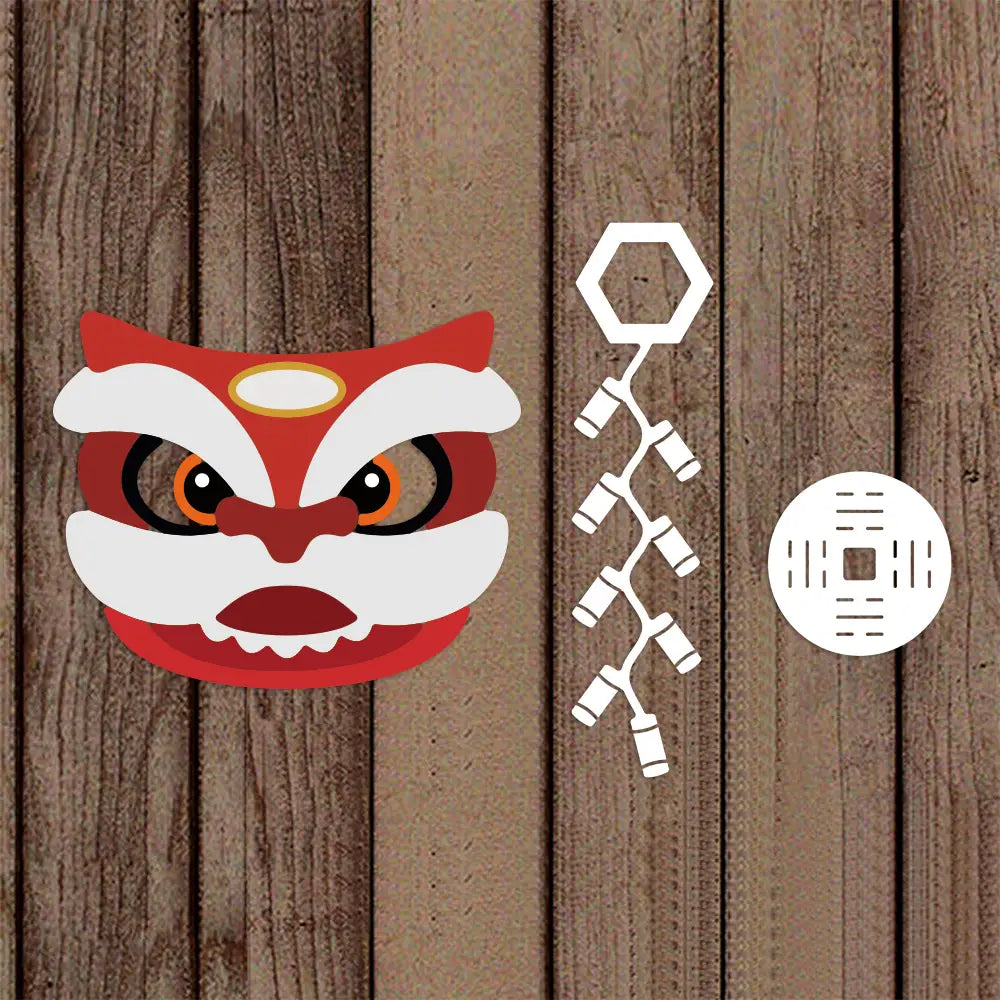 Chinese New Year metal cutting dies featuring a red and white cartoon lion dance mask with orange eyes and gold detailing.