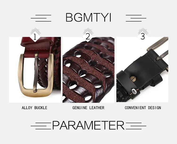 Cinturón trenzado para hombre de cuero genuino Bgm, en un rico burdeos, con hebilla de aleación color dorado y un diseño práctico.