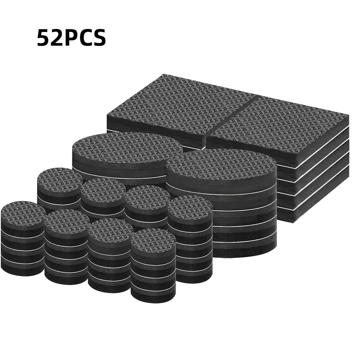 Patins de protection de sol pour meubles en caoutchouc noir, en formes circulaires et rectangulaires assorties, avec une surface texturée pour une bonne adhérence, dans un lot de 52.