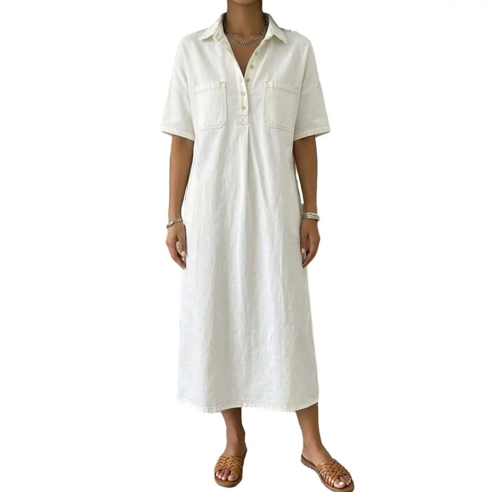 Women's Vintage Denim Shirt Dress Casual Short Sleeve Button Up Jean A-Line Long Dress with Pockets Commuting Style Midi Dress