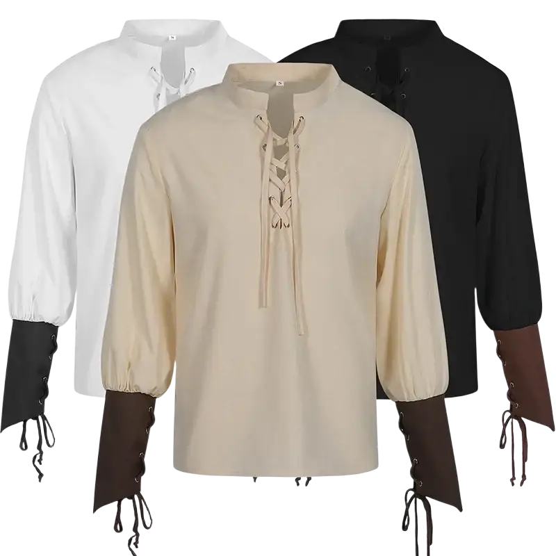 Beige long-sleeved pirate camisa with lace-up front, dark brown cuffs, and high collar for medieval renaissance wear