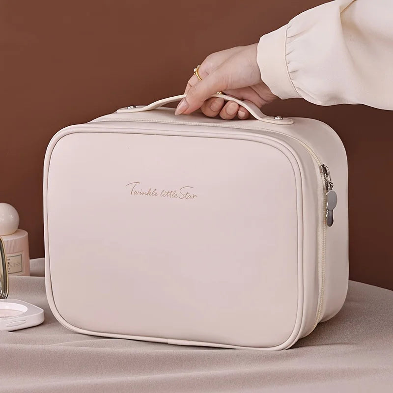 Spacious Double-Layer Travel Makeup Bag Durable Faux Leather with Clear Compartments Storage Bag for Women's Beauty Essentials