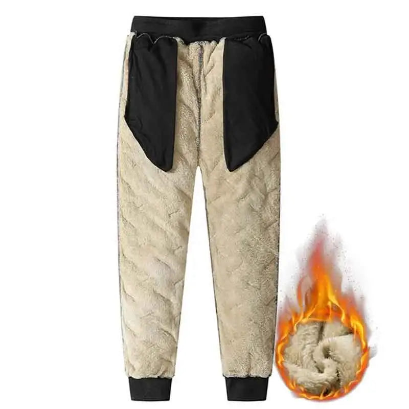beige quilted fleece lined thermal sweatpants with black side panels and elastic waistband designed for men winter waterproof use