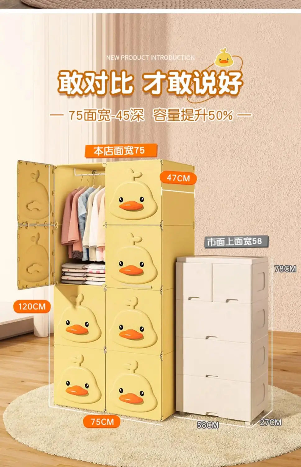 Gelbe Kunststoff-Aufbewahrungseinheit mit Enten-Gesichtsdarstellungen auf jeder Tür im gelben Enten-Modul-Kinderschrank mit Stauraum.