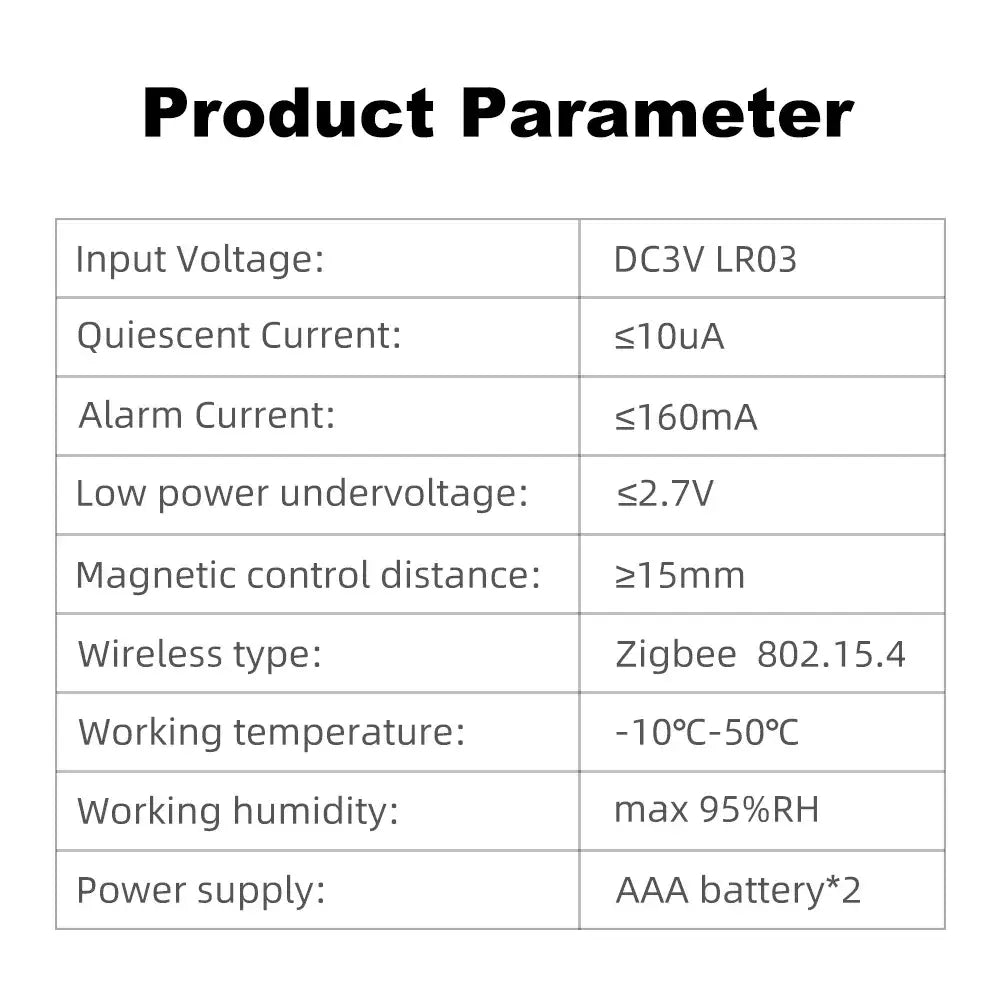 product parameter table for a zigbee door sensor with gateway hub showing specifications including dc3v lr03 input voltage quiescent current less than or equal to 10ua alarm current less than or equal to 160ma and zigbee wireless type for use with a zigbee gateway hub.
