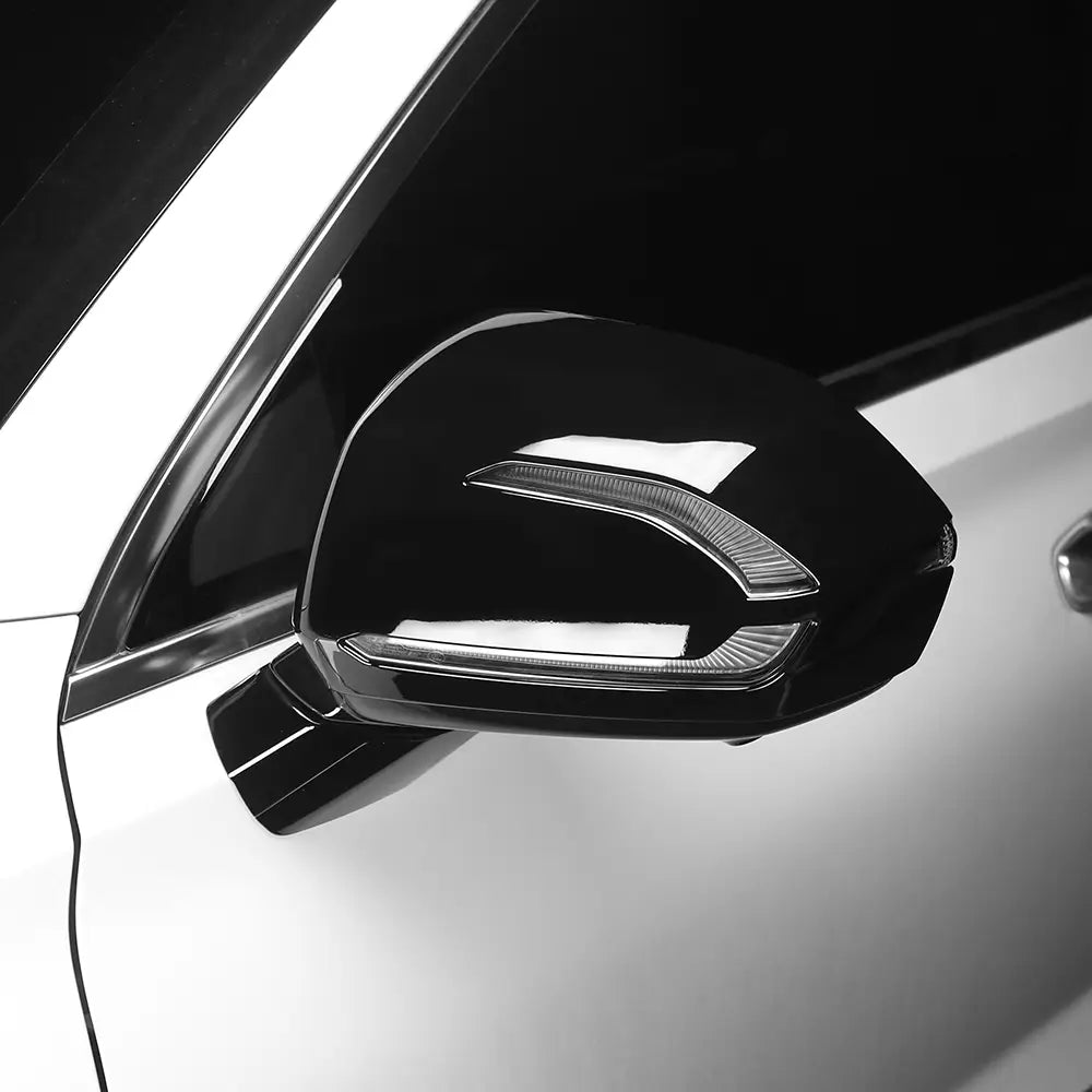 Black glossy Hyundai Palisade side mirror cover with integrated LED lighting strip for model years 2020 to 2025.