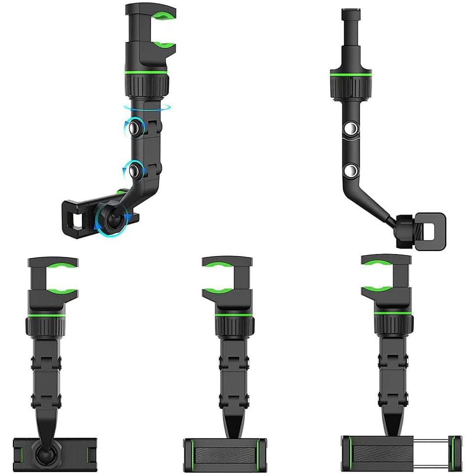 rearview mirror car phone holder in black and green with multiple attachment points and 360 rotatable adjustable design.
