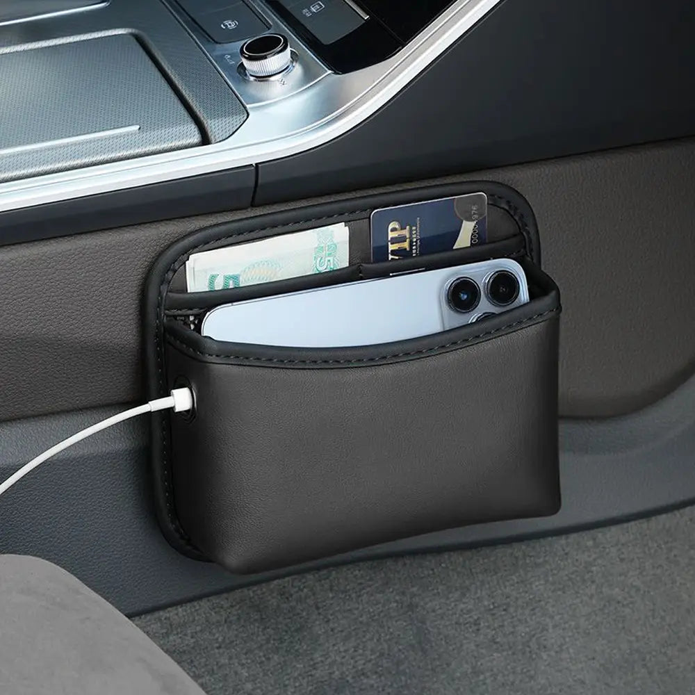 Pochette de rangement pour voiture en cuir noir avec adhésif, organisateur à plusieurs compartiments, pour ranger un téléphone, des cartes et de l’argent