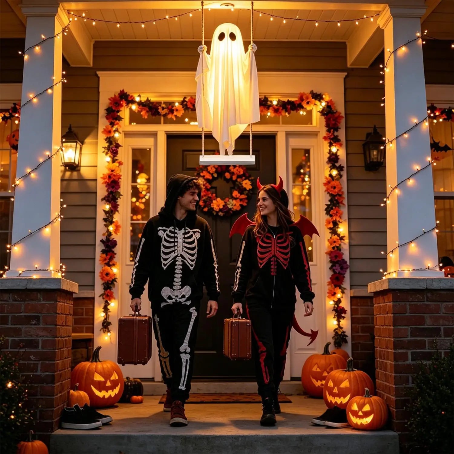 una decoración de fantasma colgante oscilante iluminada y blanca hecha de tela translúcida con recortes negros para los ojos, colgada del techo de un porche para decoración exterior de Halloween
