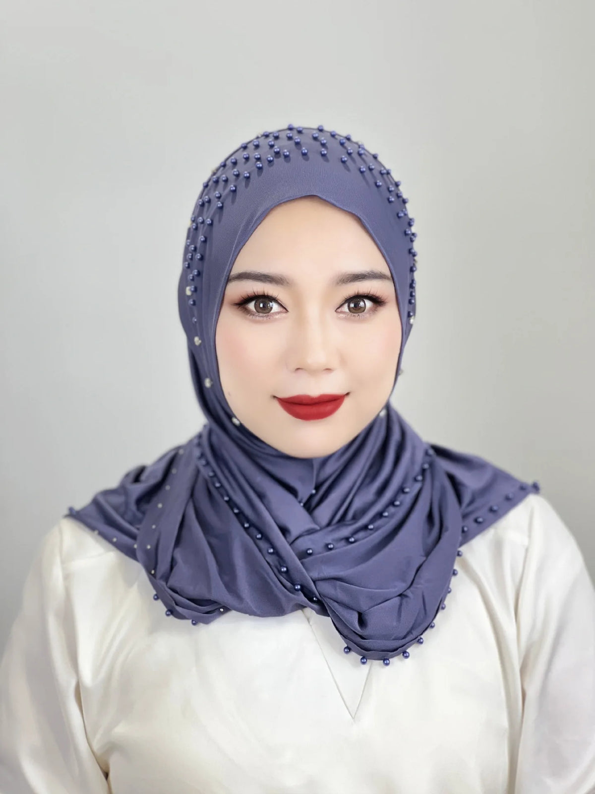 New Women's Headscarf Convenient Pullover Caps Muslim Hijabs Bead Scarf Malay Solid Color Long Shawls Islam Head Warp for Women