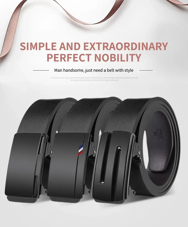 Mens leather belt automatic buckle black with a sleek modern black leather belt featuring a subtle red and blue logo detail on the buckle.