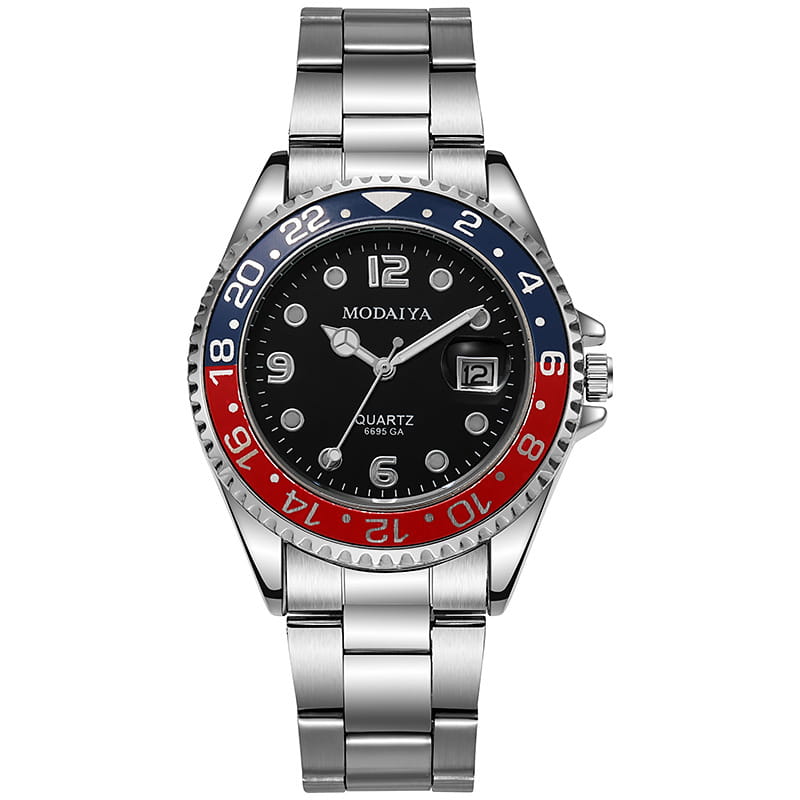 Quartz sport watch with a silver stainless steel case, black dial, red and blue bezel accents, and a date window at the 3 o’clock position.