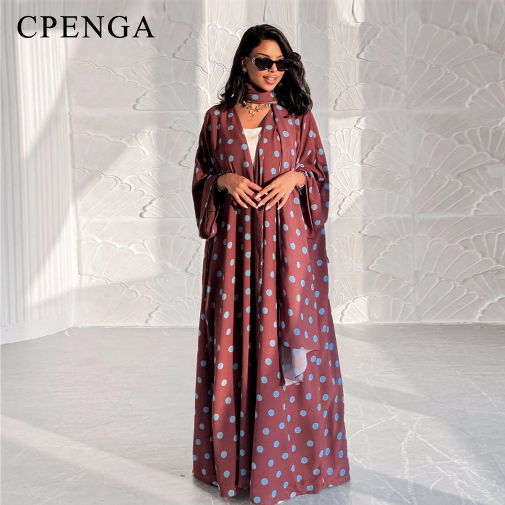 Two Piece  Polka Dot Muslim Outfit Set for Women Elegant Dubai Hijab Abaya Dress Islam Holiday Outwear Turkey Modest Kaftan Robe