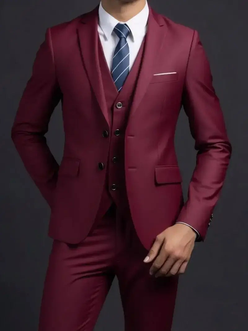 Un traje de tres piezas de hombre burdeos intenso, a medida y elegante, con una solapa discreta de un solo pecho, tipo de cierre, chaleco y pantalones a juego para vestir formal.