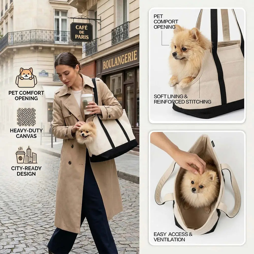 Sac de transport pour animaux de compagnie portable en toile beige et noire, avec coutures renforcées et ouverture axée sur le confort de l’animal, idéal pour un usage à domicile, un magasin professionnel et une utilisation en extérieur.
