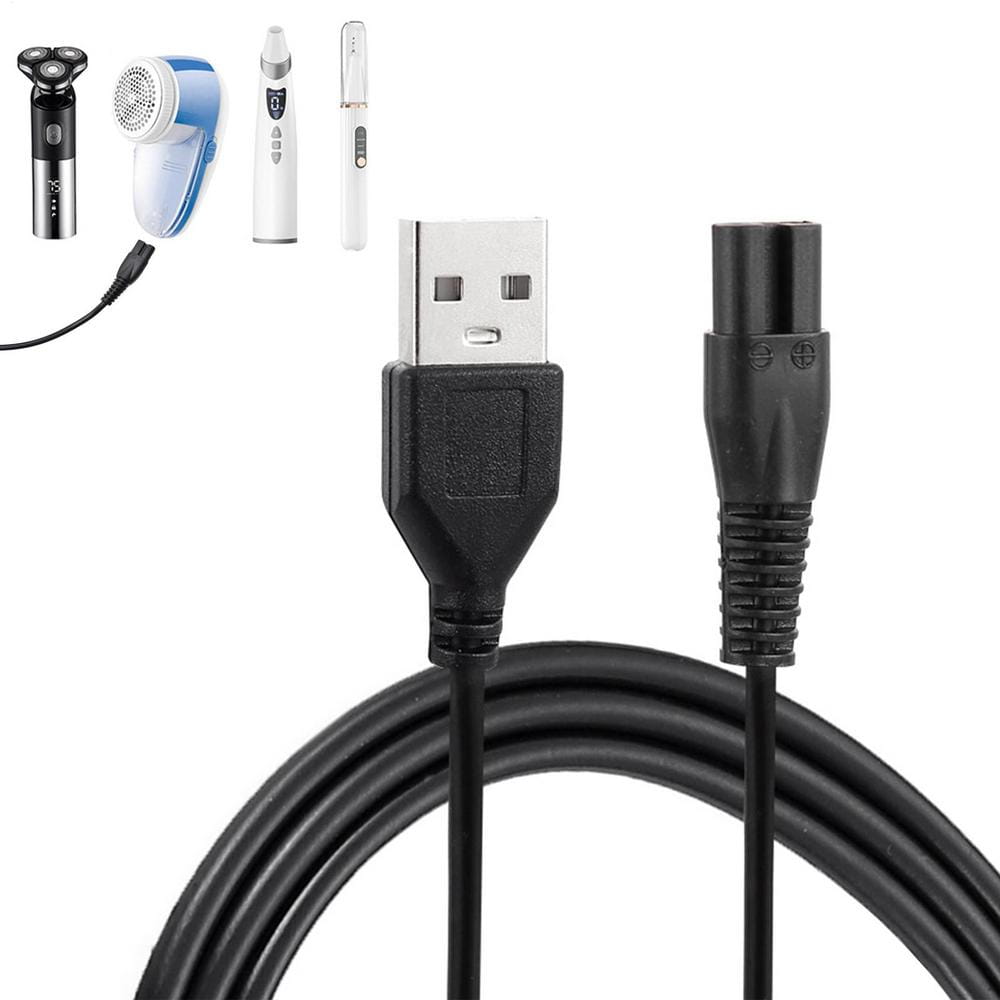 schwarzes USB-zu-Netzteil-Adapterkabel mit strukturierter Kunststoffummantelung und geripptem Anschluss für das Ersatz-USB-Ladekabel des Meridian-Elektrorasierers.