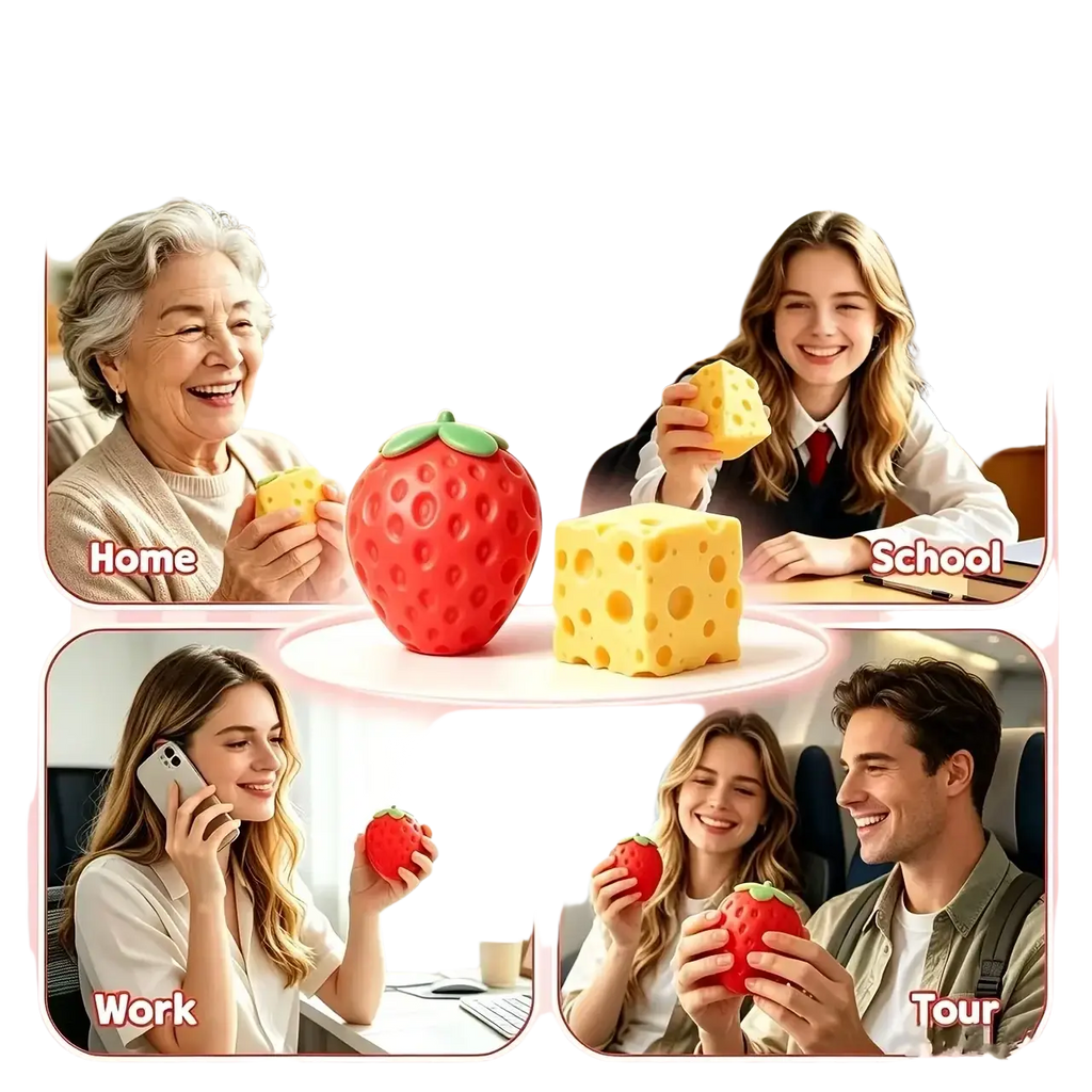 Red strawberry-shaped and yellow cheese-shaped sensory fidget stress balls shown from a front angle
