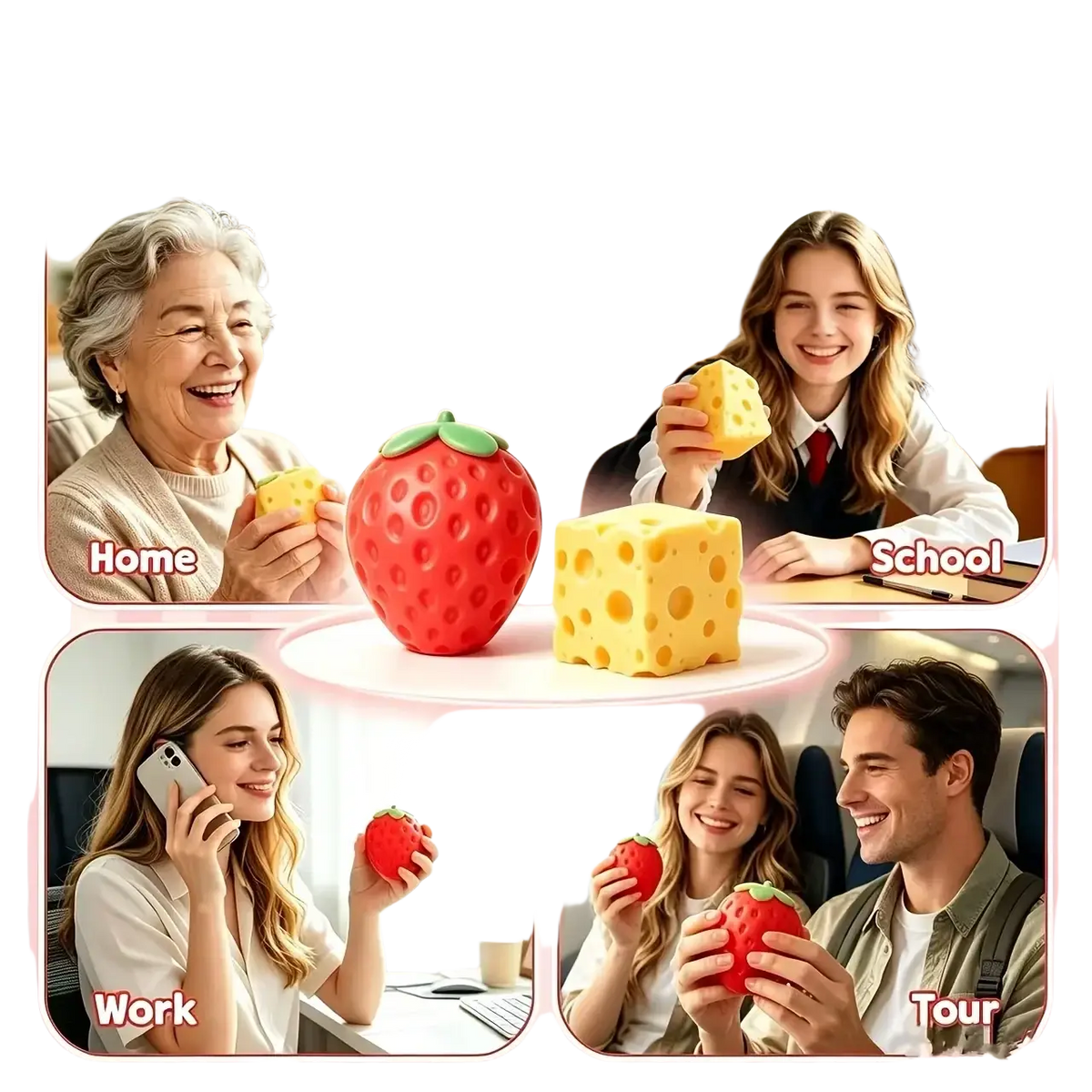 Red strawberry-shaped and yellow cheese-shaped sensory fidget stress balls shown from a front angle
