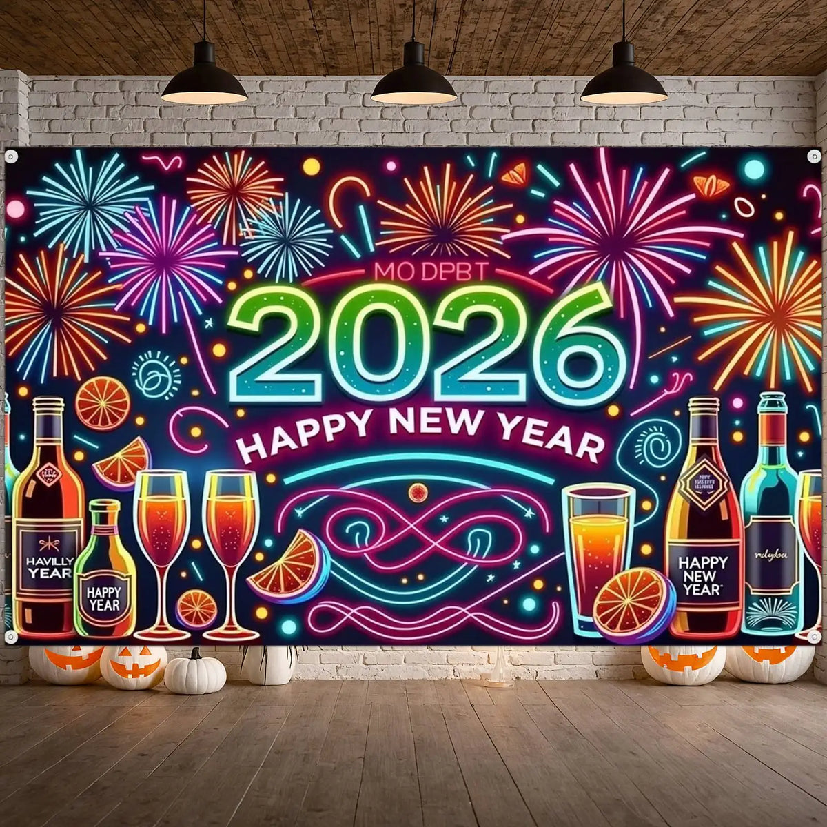 Happy New Year Banner Gift Champagne Clock 2026 New Year Party Decor Backdrop Christmas New Year Party Photo Background Supplies