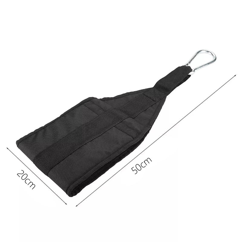 black nylon ab sling strap with a silver carabiner clip designed for heavy duty hanging leg raise exercises