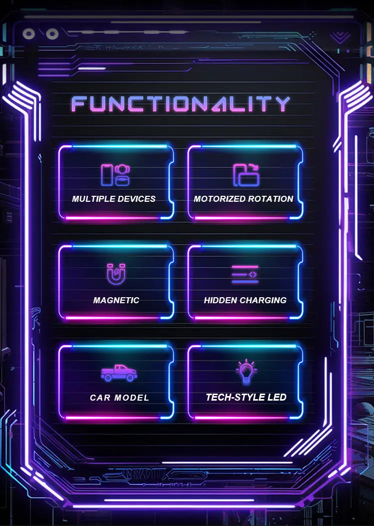 Cybertruck 3-in-1 wireless charging station digital interface panel with neon-lit purple and blue circuitry accents.