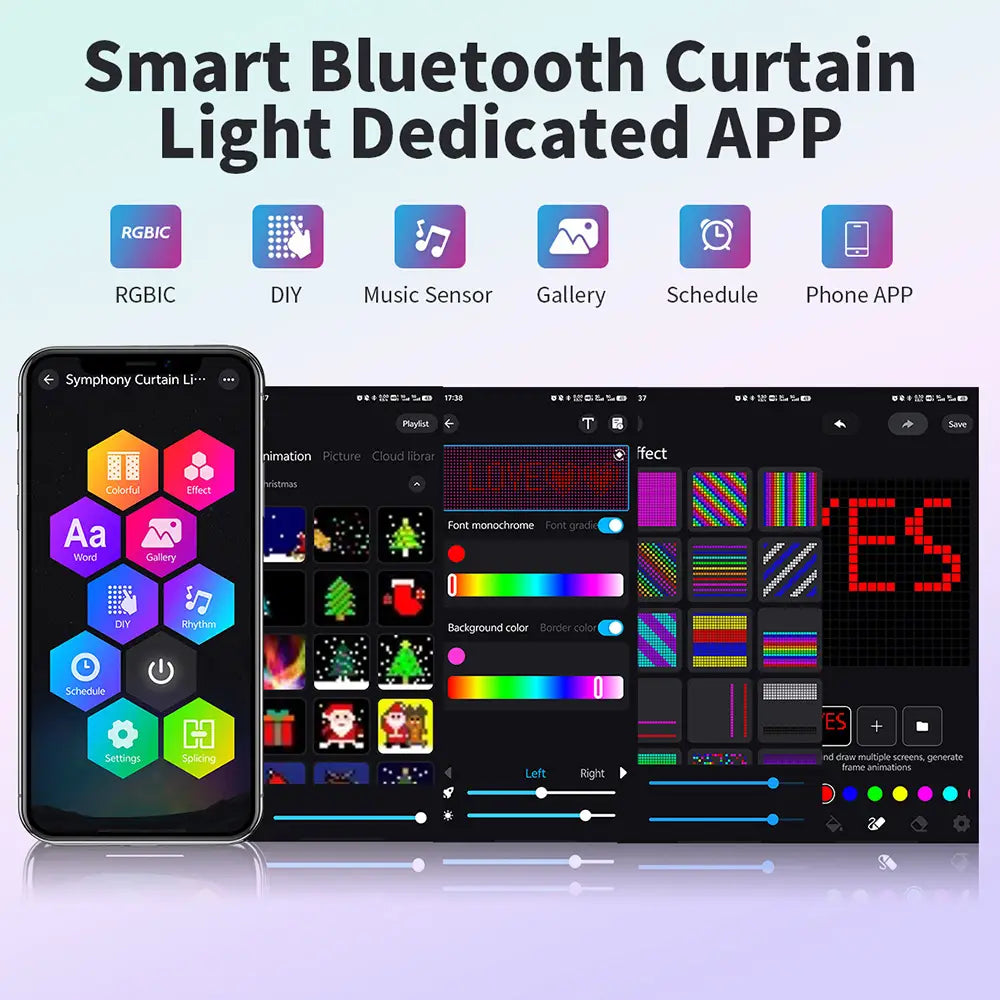 Smartes LED-Vorhanglicht RGB mit Bluetooth- und App-Steuerung sowie RGBIC-Farboptionen für individuell anpassbare DIY-Weihnachtsdekoration, konform mit den EMV-, ROHS- und CE-Standards