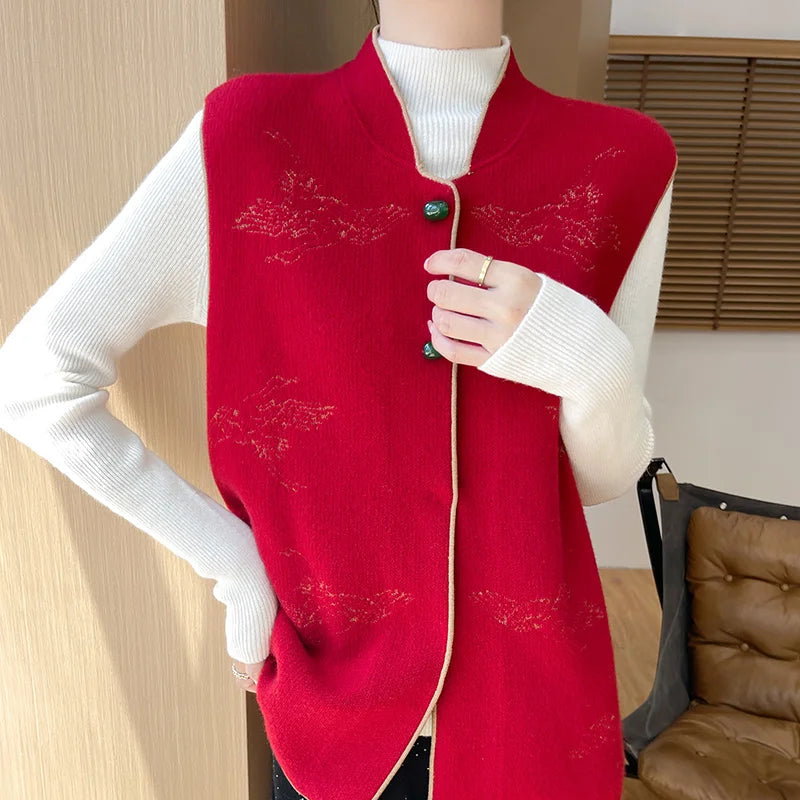 Winter 100% Pure Wool Sleeveless Vest Women Stand Collar Thick Embroidered Vest Loose Wool Vest