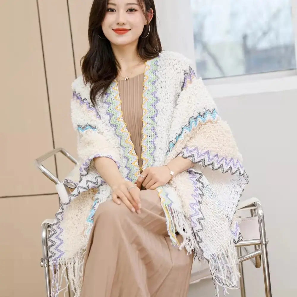 Ethnic Style Cape Oversized Sweater Jacket Women Fashion New Loose Patchwork Warm Long Scarf Knitted Cardigan Woman