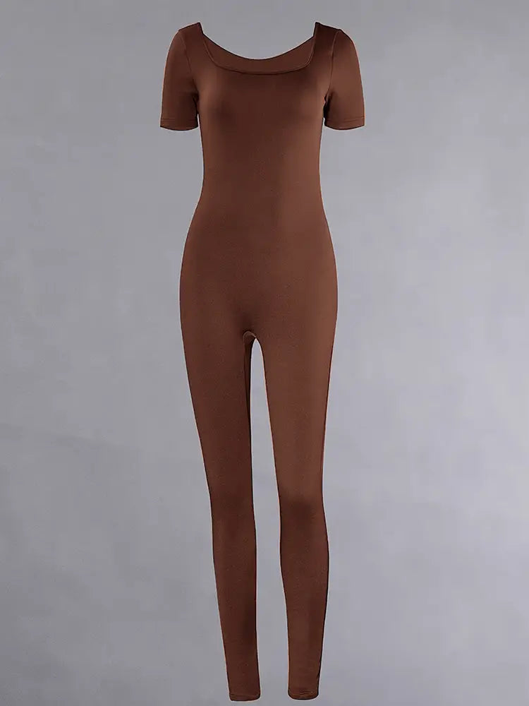 Mono jumpsuit de una sola pieza marrón, elegante y ajustado para mujer, con mangas cortas y escote cuadrado, diseñado como manga corta del mono jumpsuit negro tipo bodycon para mujer.