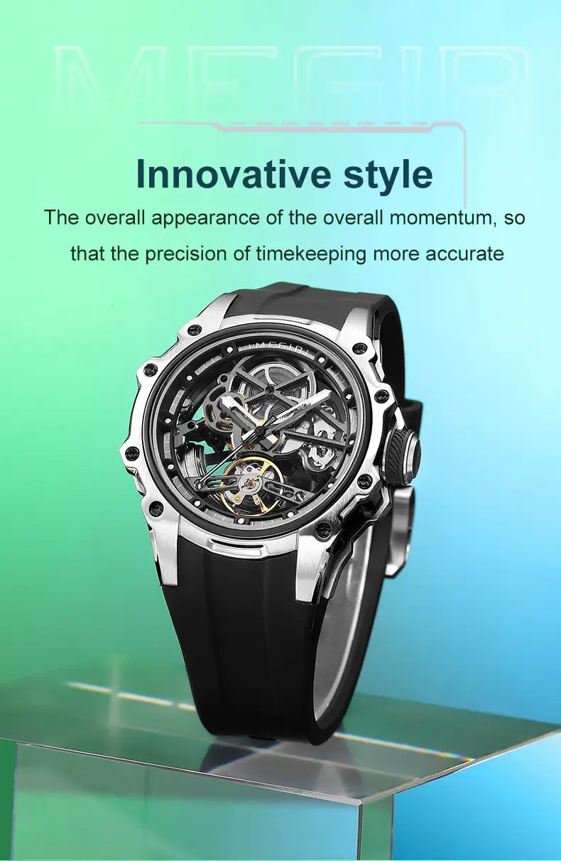 Megir automatic skeleton watch with silver-toned case, black rubber strap, and exposed mechanical gears.