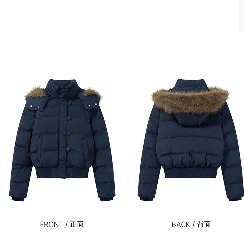 Women's Winter Warm Jacket Korean Thickened Big Fur Collar Hooded Outerwear Fashion Casual Detachable Short Cotton-Padded Coat
