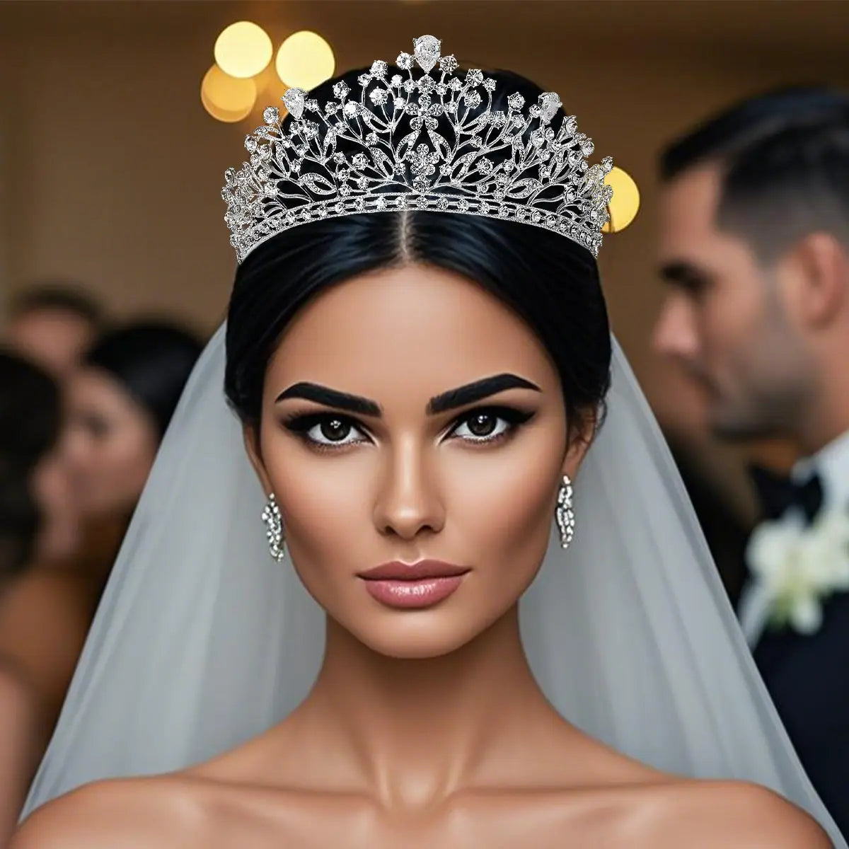 Une tiare de mariage en cristal d'argent étincelant, présentant des motifs floraux complexes et de nombreux diamants pour une couronne de mariage.